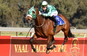 In Step. Formation (Gavin Lerena) charges clear to win the Emerald Fillies Handicap (JC Photos)