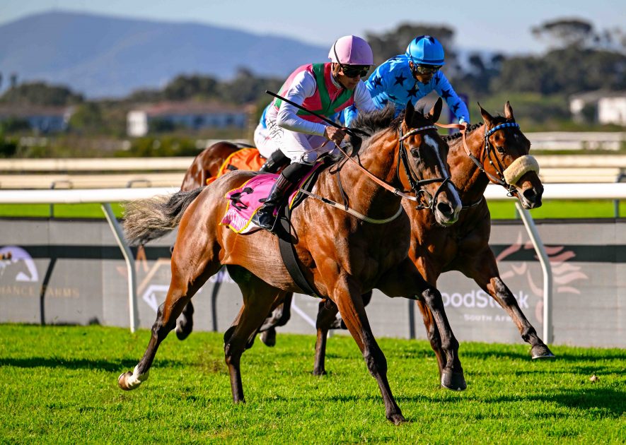 Eight On Eighteen (Richard Fourie) catches up with pacesetter All Out For Six (Ashton Arries) and storms home powerfully giving Drakenstein Stud a new record of 21 stakes winners