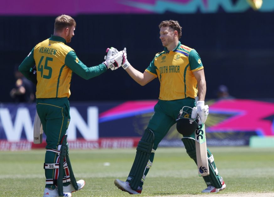 Heinrich Klaasen and David Miller of South Africa celebrate following the ICC Men's T20 Cricket World Cup West Indies