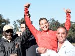 Hip, hip, Habib! Happy Groom Best raises Jacey’s hand as trainer Fabian Habib hoists the happy apprentice