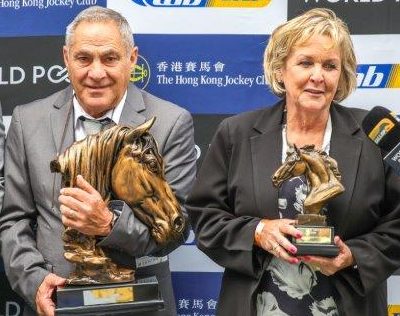 Podium power! Dean Sawarjith (Commercial Executive Gold Circle), Sam Nati (Commingling Head HKJC) and Gerald and Karin Kalil enjoy the trophy (Pic - Candiese Lenferna)