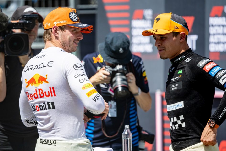 First placed Red Bull Racing driver Max Verstappen of Netherlands (L) talks to third placed McLaren driver Lando Norris of Britain (R) after the Sprint race ahead of the Formula One Austrian Grand Prix, in on 29 June 2024