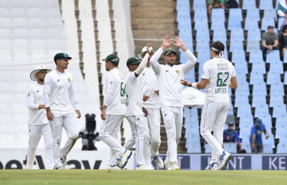 Gerald Coetzee of South Africa celebrates a wicket during the 1st Test Cricket match between South Africa and India at Supersport Park (Pic - Sydney Mahlangu/BackpagePix)