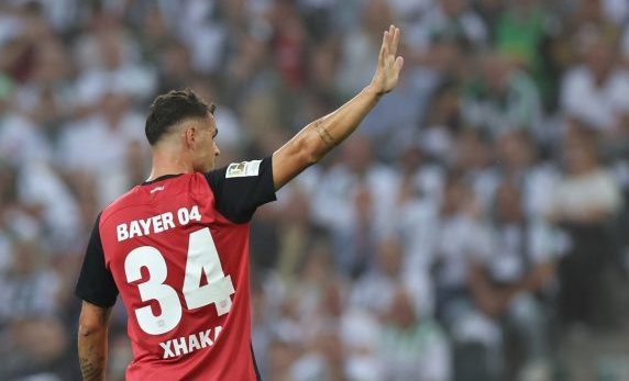 Granit Xhaka of Leverkusen celebrates scoring the opening goal during the German Bundesliga soccer match (Pic - EPA/Christopher Neundorf)