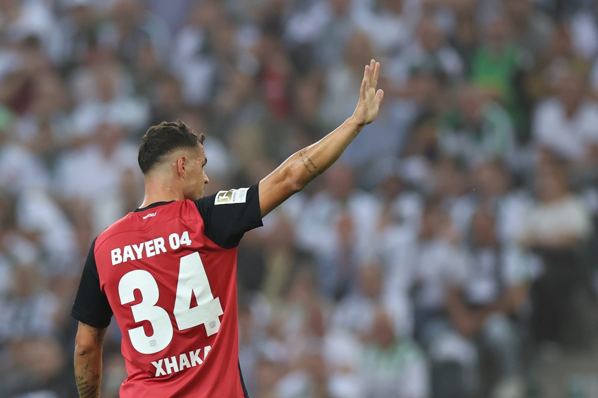 Granit Xhaka of Leverkusen celebrates scoring the opening goal during the German Bundesliga soccer match (Pic - EPA/Christopher Neundorf)