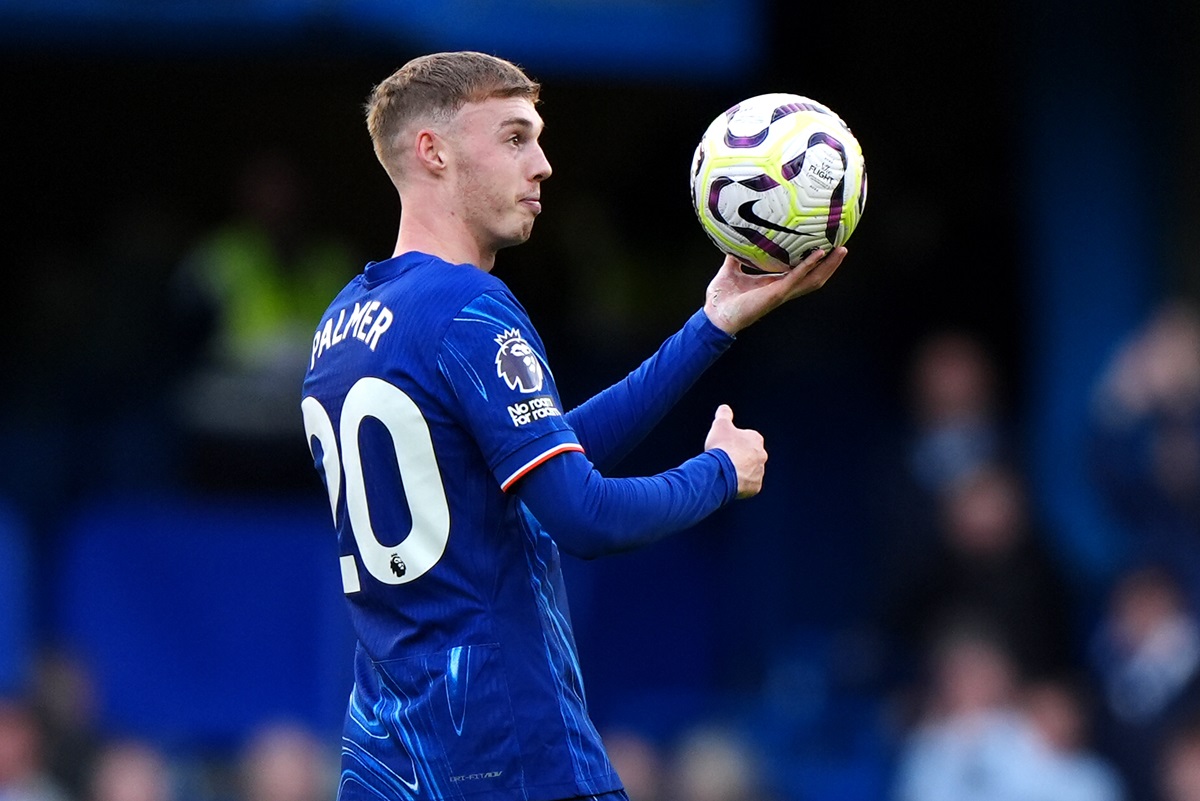 Chelsea's Cole Palmer celebrates with the match ball after scoring four goals following the Premier League match at Stamford Bridge (Pic - Backpagepix/PA)