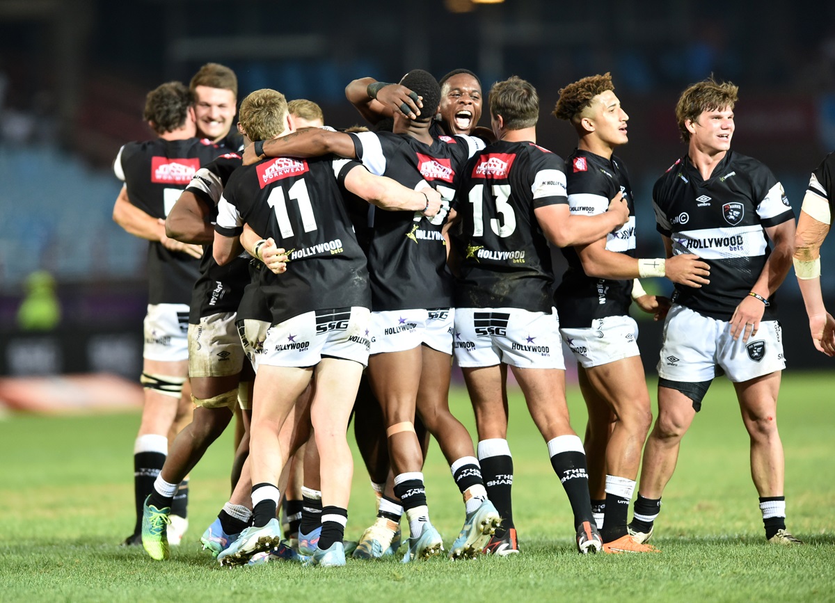 Sharks celebrate going through to the finals after the 2024 Currie Cup Semi Final match between the Vodacom Bulls and Hollywoodbets Sharks (Pic - Nokwanda Zondi/BackpagePix)