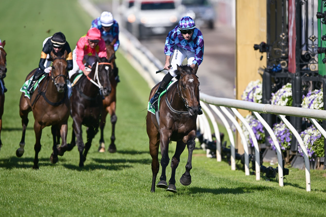 Pride Of Jenni ridden by Declan Bates wins the TAB Empire Rose Stakes at Flemington Racecourse (Pic - Morgan Hancock/Racing Photos)