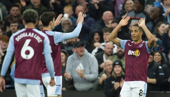 Youri Tielemans of Aston Villa celebrates after scoring the second goal during the English Premier League soccer match between Aston Villa and Liverpool (Pic - EPA/Peter Powell)