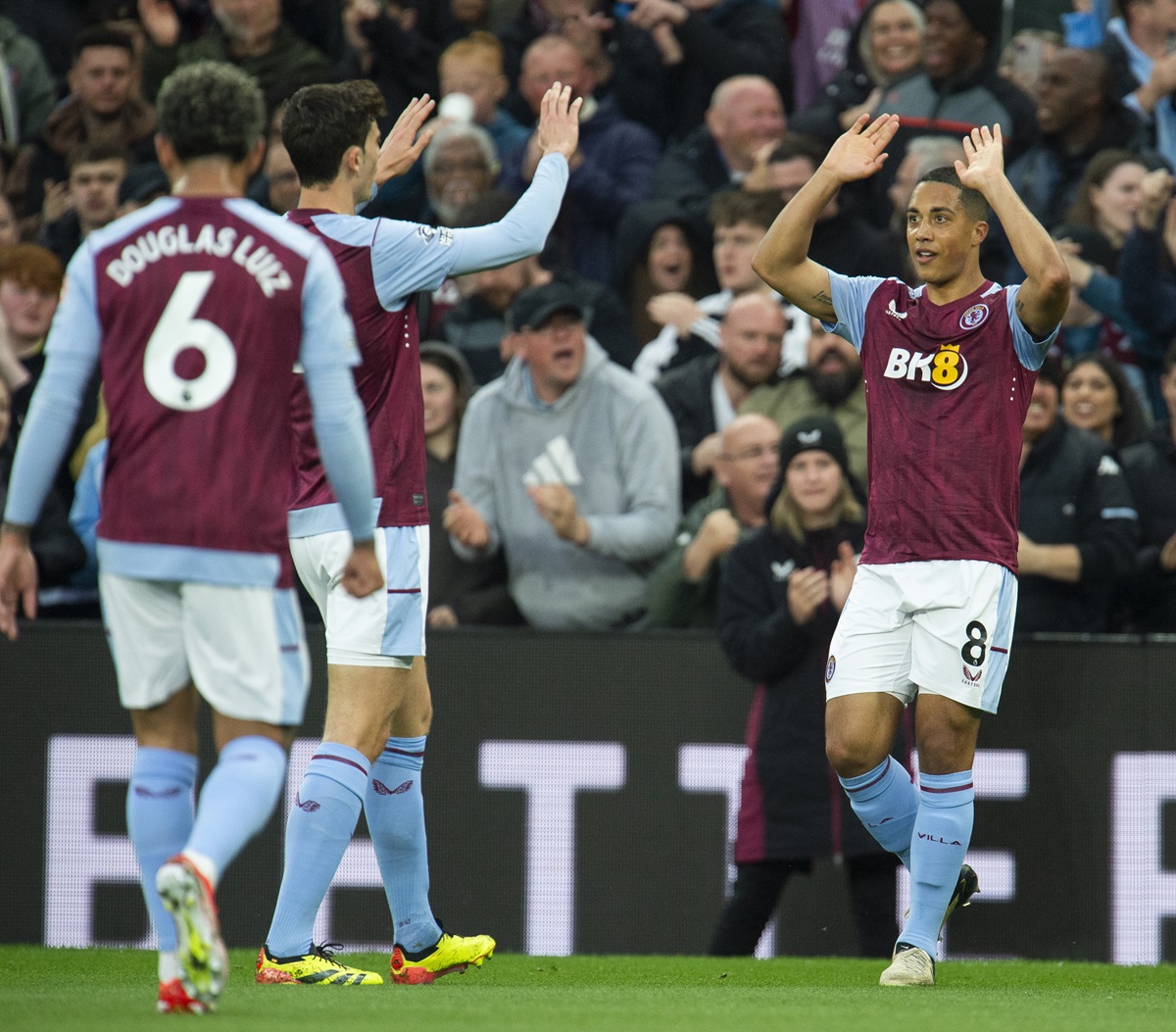 Youri Tielemans of Aston Villa celebrates after scoring the second goal during the English Premier League soccer match between Aston Villa and Liverpool (Pic - EPA/Peter Powell)