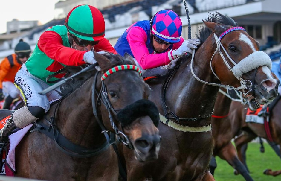 A Frankel on offer! Missisippi Burning (Craig Zackey) beats Mary O (Serino Moodley) in the WSB Gr2 Fillies Guineas (Pic - Candiese Lenferna)