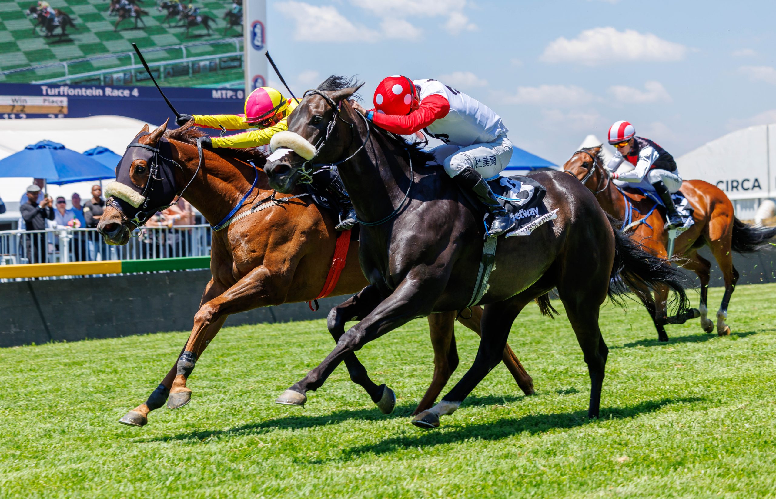 Chasing Happiness (Aldo Domeyer) and Elegant Ice (Marco van Rensburg) battle it out. Garlandsofgreenery (Calvin Habib) stays on or third (Pic - Candiese Lenferna)