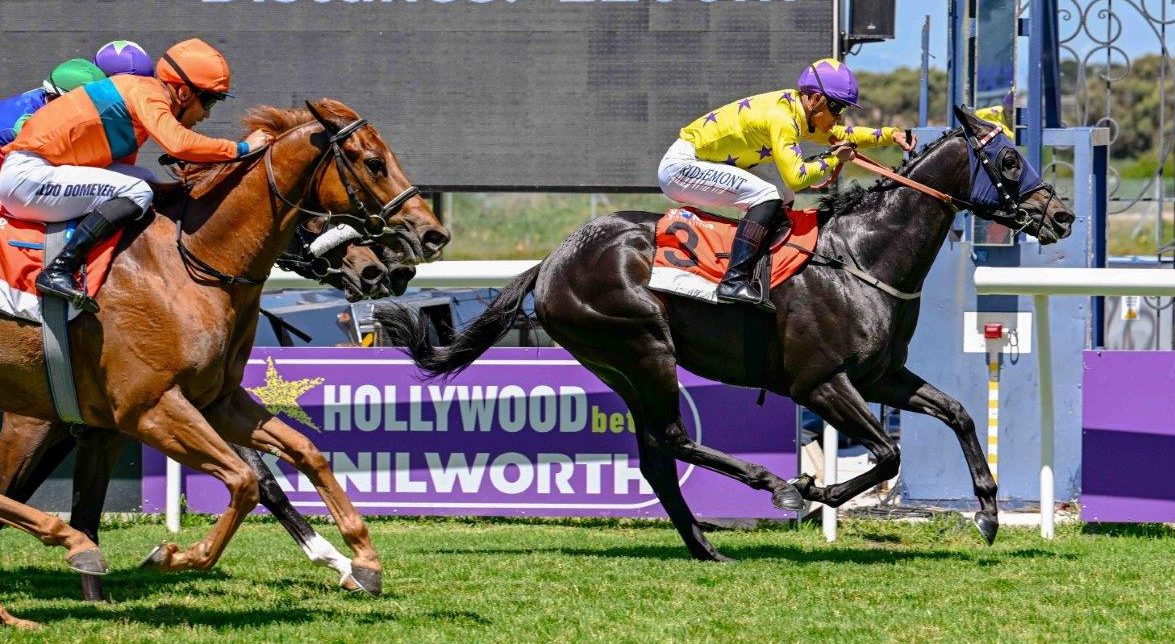 Lion Rampart (Richard Fourie) leads the way ahead of Kaiboy (Aldo Domeyer, orange cap), Miss World (Corne Orffer, green cap) and Handsome Prince (Grant van Niekerk, obscured) (Pic – Chase Liebenberg)