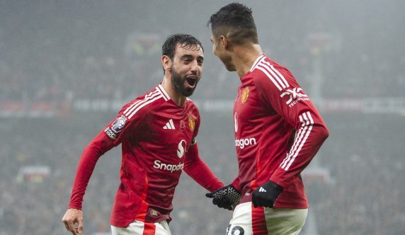 Bruno Fernandes of Manchester United celebrates scoring the second goal during the English Premier League match between Manchester United and Leicester City (Pic - EPA/Peter Powell)