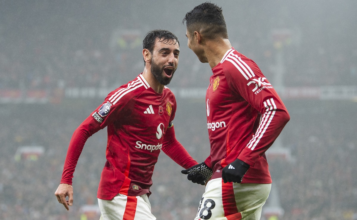 Bruno Fernandes of Manchester United celebrates scoring the second goal during the English Premier League match between Manchester United and Leicester City (Pic - EPA/Peter Powell)