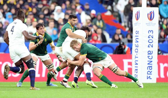 Pieter-Step du Toit of South Africa tackling Courtney Lawes of England during the Rugby World Cup 2023 semi-final match between England and South Africa (Pic - Steve Haag/Gallo Images)