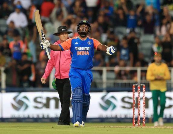 Sanju Samson of India celebrates his 100 runs during the International T20 Series match between South Africa and India at Wanderers Stadium in Johannesburg (Pic - Samuel Shivambu/BackpagePix)