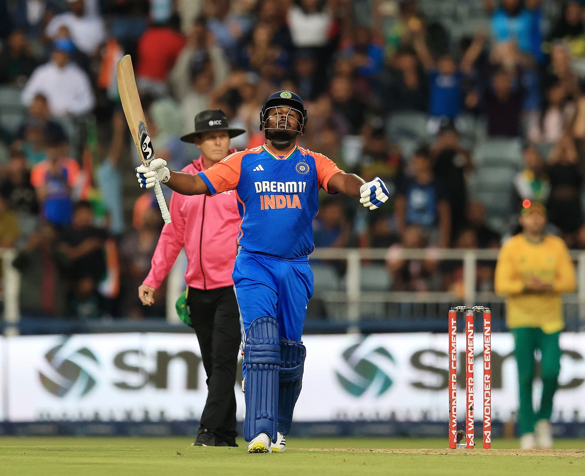 Sanju Samson of India celebrates his 100 runs during the International T20 Series match between South Africa and India at Wanderers Stadium in Johannesburg (Pic - Samuel Shivambu/BackpagePix)