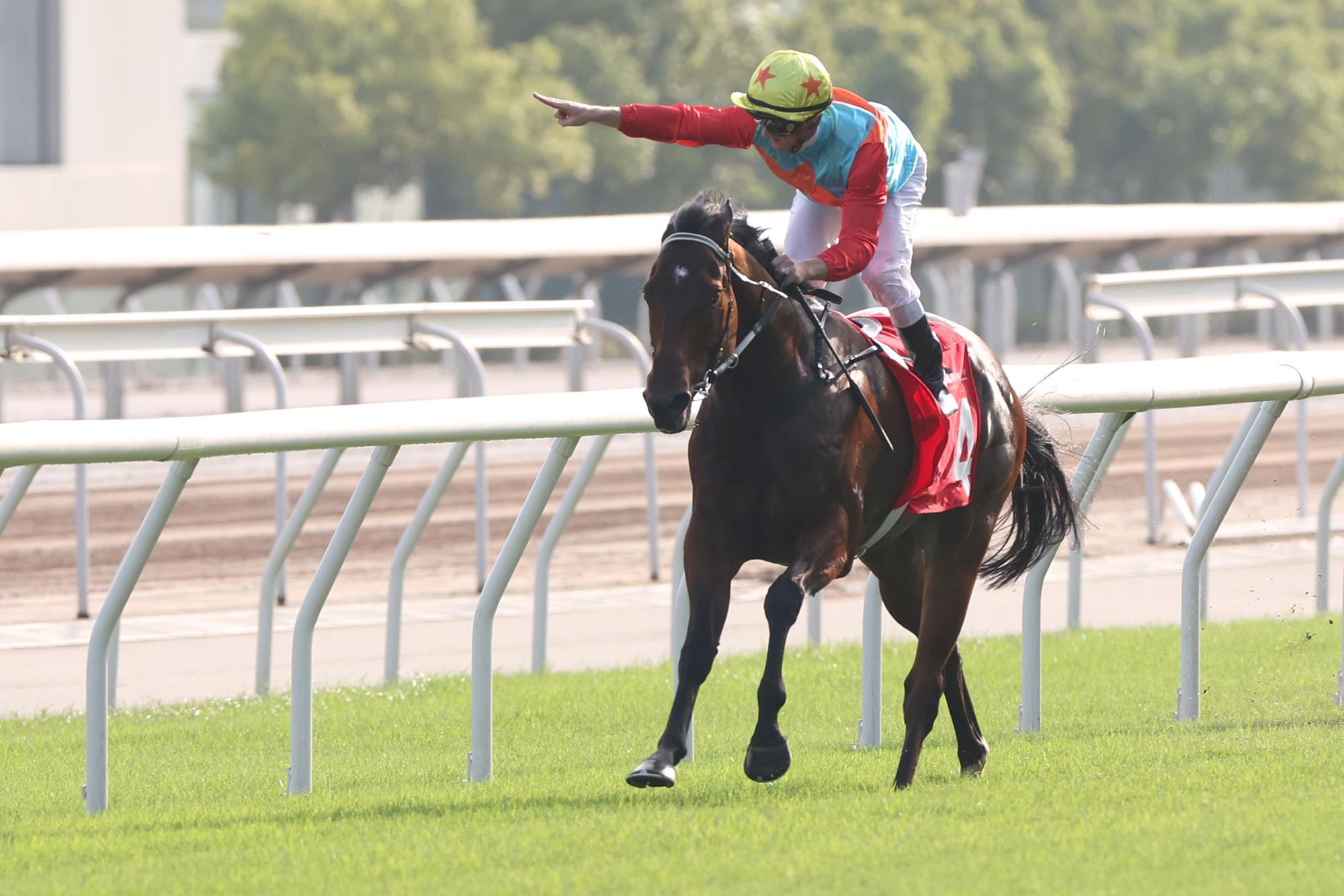 Zac Purton celebrates as Ka Ying Rising blasts to victory at Sha Tin (Pic - HKJC)