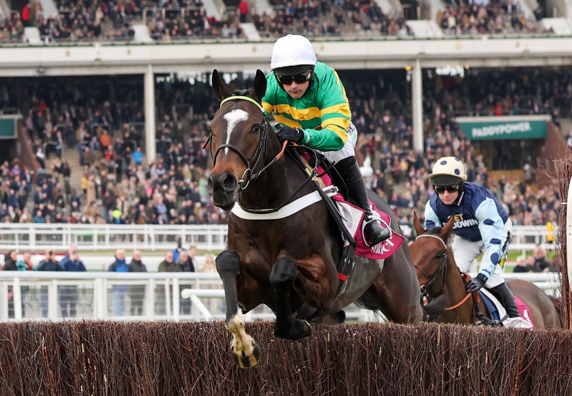 Jonbon (Nico de Boinville) wins the Gr1 Betafir Tingle Creek Chase at Sandown (Pic - Coolmore)