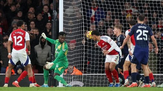 William Saliba of Arsenal (4-R) scores the 2-0 goal during the English Premier League soccer match between Arsenal FC and Manchester United (Pic - EPA/Neil Hall)