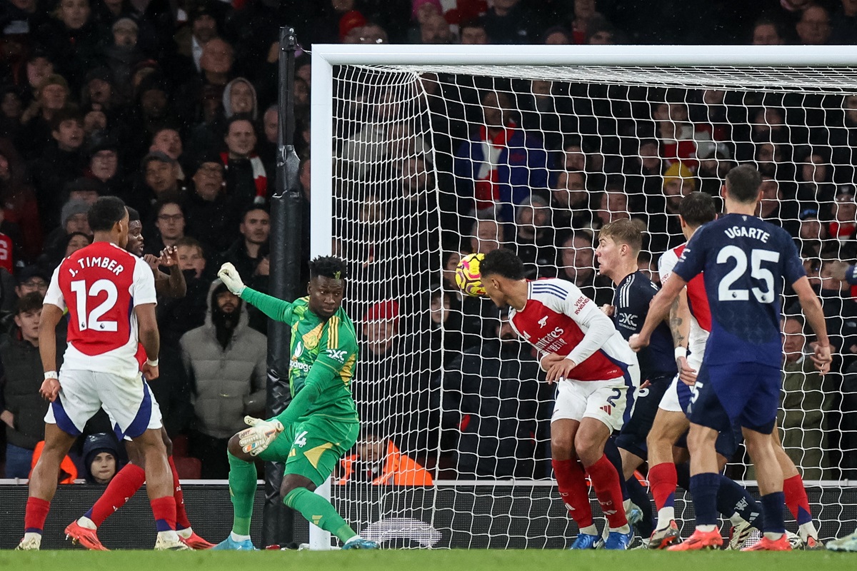 William Saliba of Arsenal (4-R) scores the 2-0 goal during the English Premier League soccer match between Arsenal FC and Manchester United (Pic - EPA/Neil Hall) 