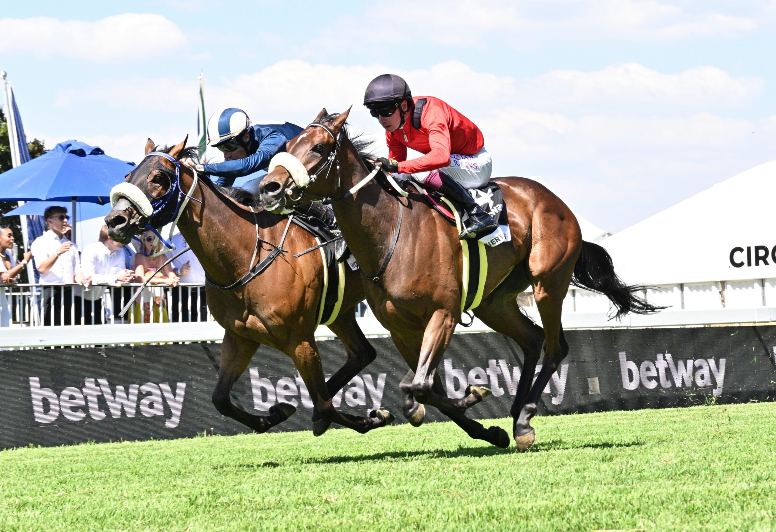 World Of Alice (Craig Zackey) in a fight to the line with Fiery Pegasus under Oisin Murphy (Pic - JC Photos)