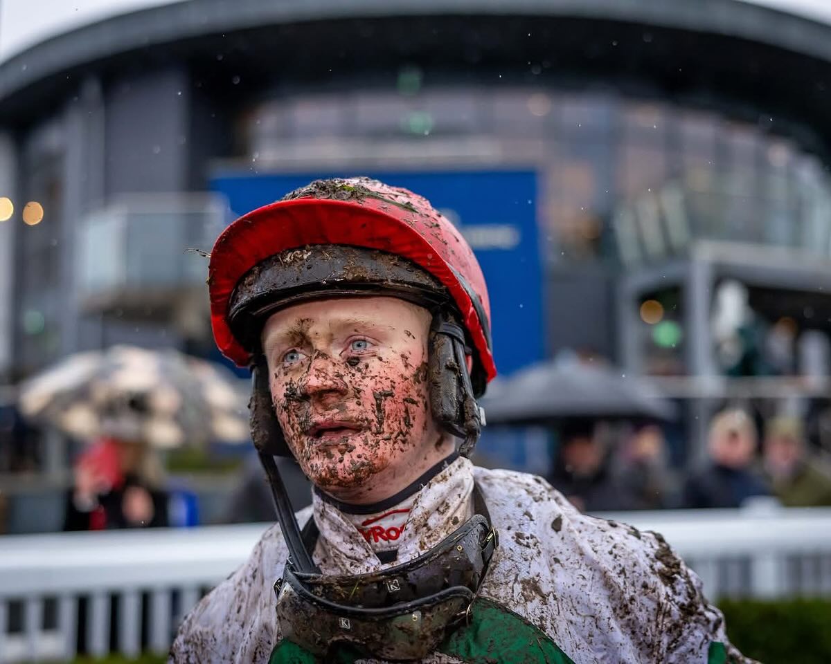 A muddied Sam Ewing after his big win at Naas (Pic - Naas Racecourse)