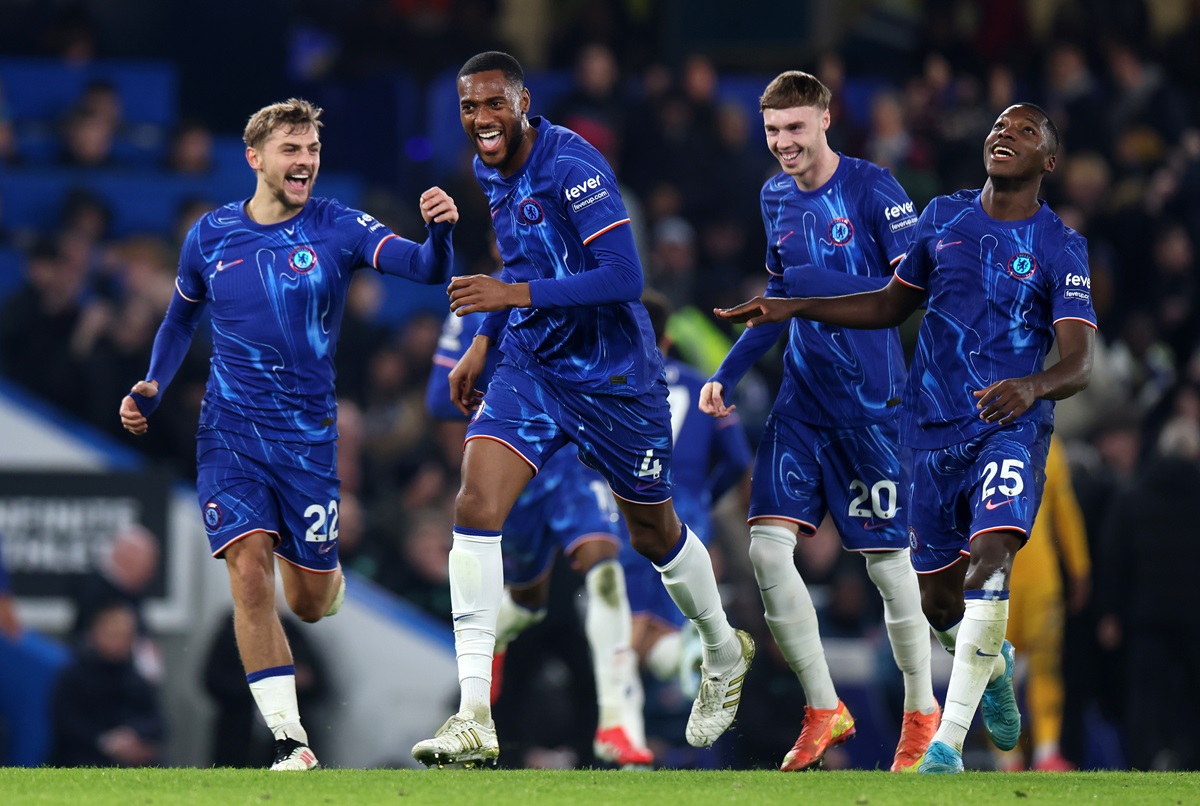 Chelsea’s Tosin Adarabioyo (2-L) celebrates with teammates after scoring the 1-0 goal during the English Premier League match between Chelsea FC and Wolverhampton 