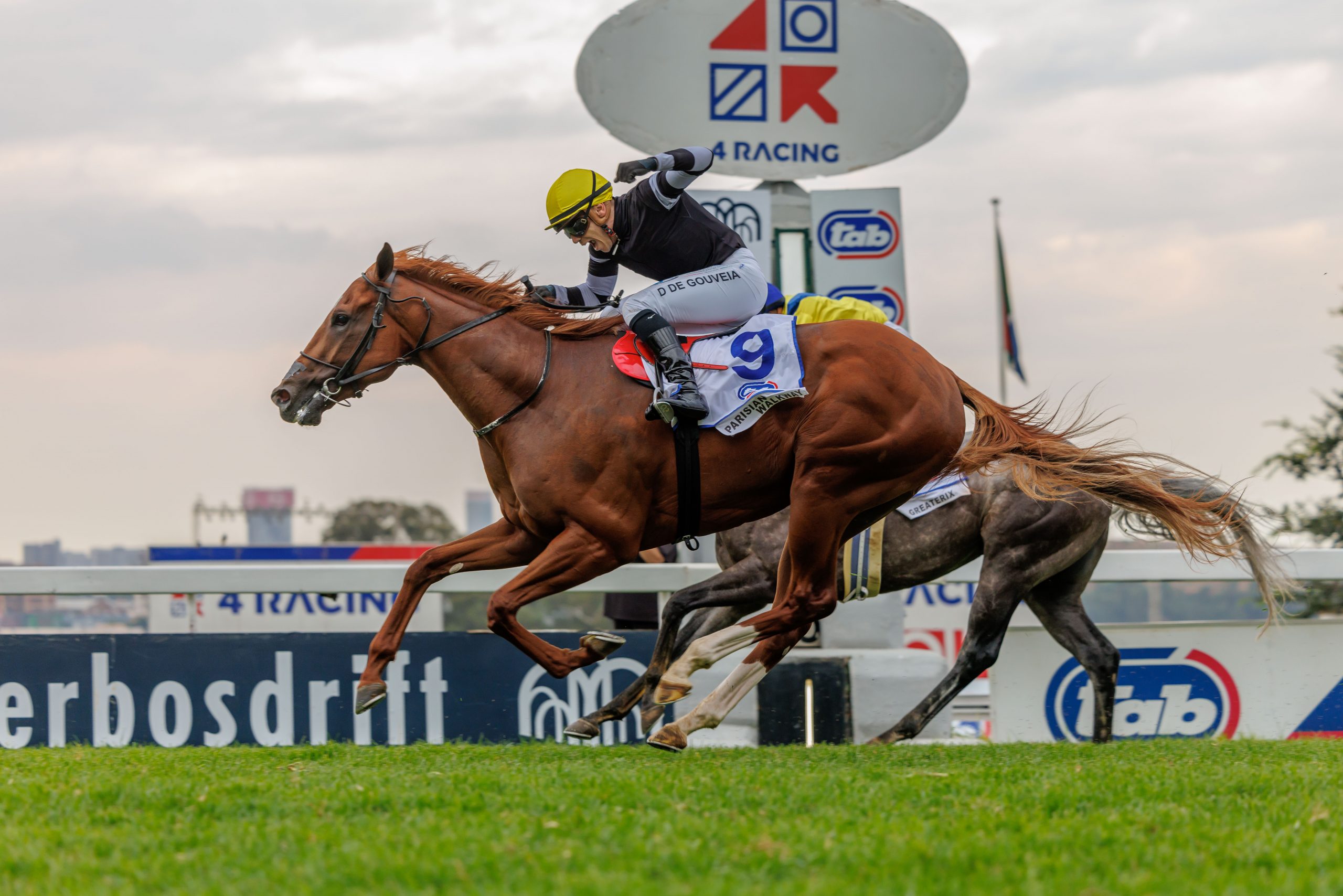 Diego de Gouveia salutes in delight as Parisian Walkway comes back to beat Greaterix (Pic – Candiese Lenferna)