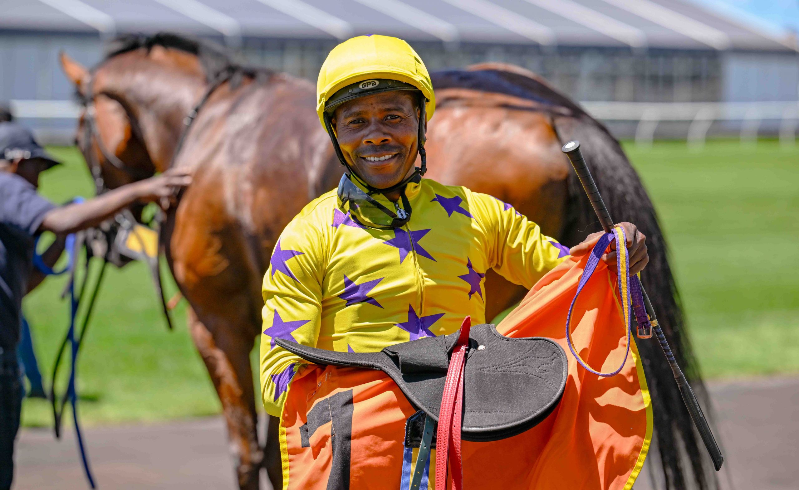 Oscar Mkunzi wins the third leg of the 202425 Hollywoodbets Workriders’ Series (Pic - Chase Liebenberg)