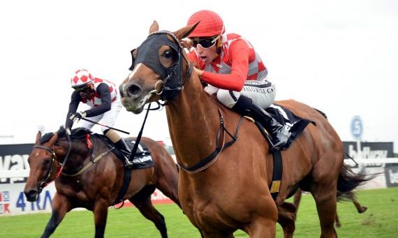 Son Of Raj (Gavin Lerena) takes the lead as Purple Pitcher (Kabelo Matsunyane) chases hard (Pic - JC Photos)