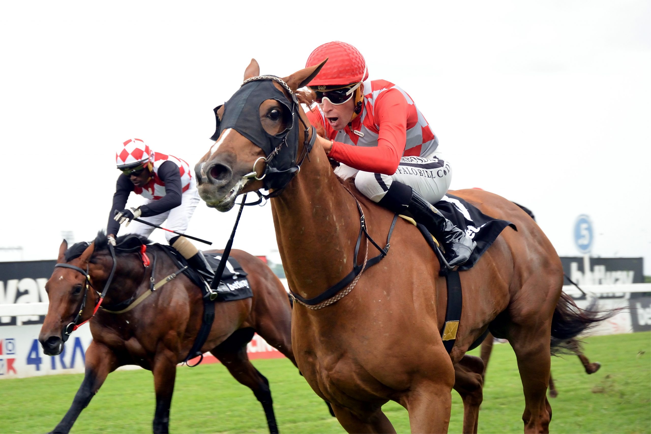 Son Of Raj (Gavin Lerena) takes the lead as Purple Pitcher (Kabelo Matsunyane) chases hard (Pic - JC Photos)