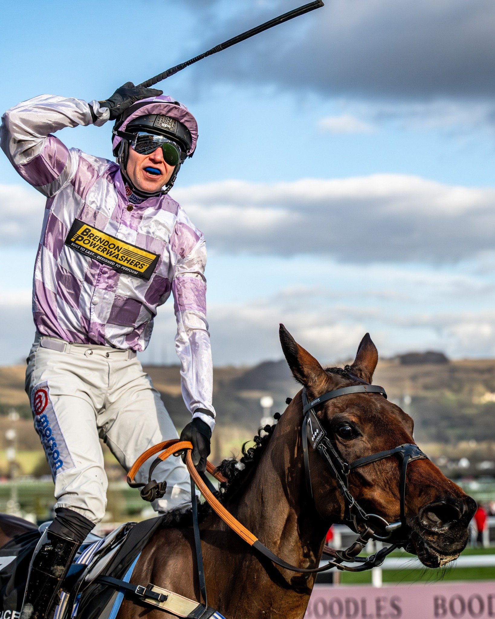 Lorcan Williams salutes as Golden Ace storms to victory (Pic - Cheltenham Racecourse)