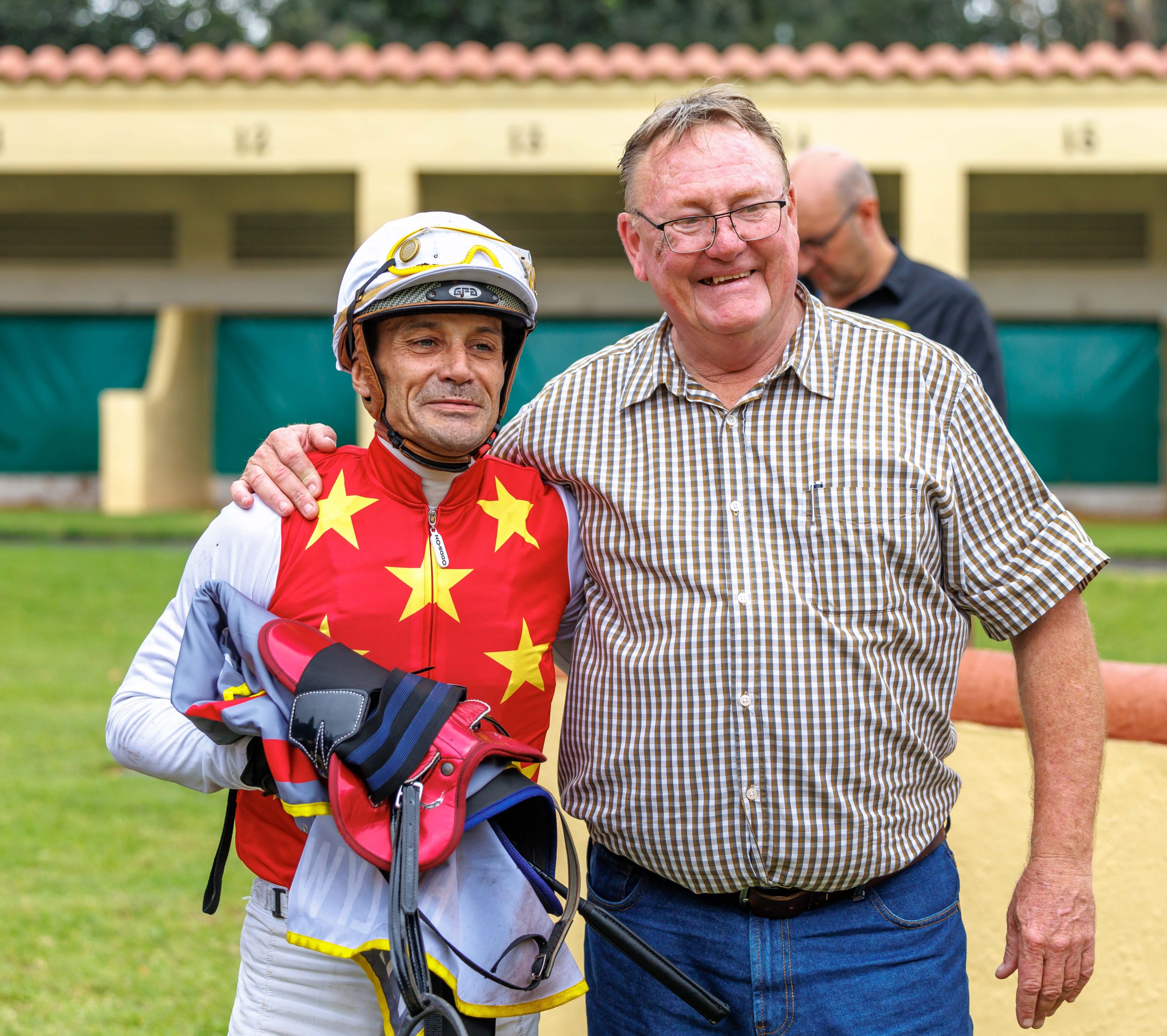 Louis Goosen with jockey Deryl Daniels on the left (Pic - Candiese Lenferna)