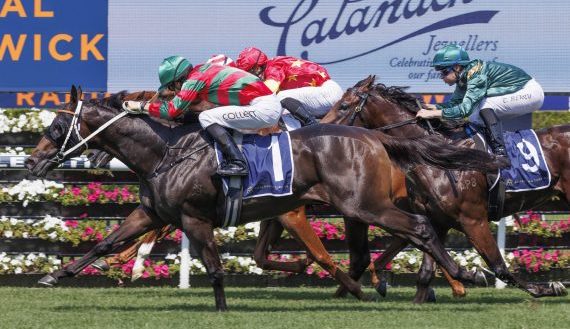 Rivellino (Jason Collett, outside) wins the Skyline Stakes at Randwick (Pic - Martin King/Sportpix)